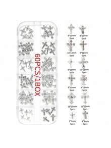 48pcs/Box Nail Art Decorations, Including Planet, Bow, Heart, Crown, Cross, Magic Wand And Other Shapes, Rhinestone Gold And Silver Material; Y2K Retro Metal Nail Art Decorations, Essential For Valentine's Day; Shiny Pink Rhinestone Nail Stickers; Suitable For Various DIY Nail Art Decorations. Nail Charms - Multicolor - View 16
