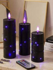 3組紫色燈串系列無焰蠟燭，附定時閃爍功能（不含電池），電池供電柱狀蠟燭，附燈串，暗黑哥德風逼真蠟燭燈，適合萬聖節、派對、夏季派對、居家桌面裝飾 - 黑紫光 - 查看 4