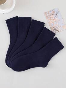 1/5 Pairs Men's Socks, Classic Navy Blue Vertical Striped All-Match Mid-Calf Socks, Unisex Business Commute Versatile Solid Color Socks - Multicolor - View 3