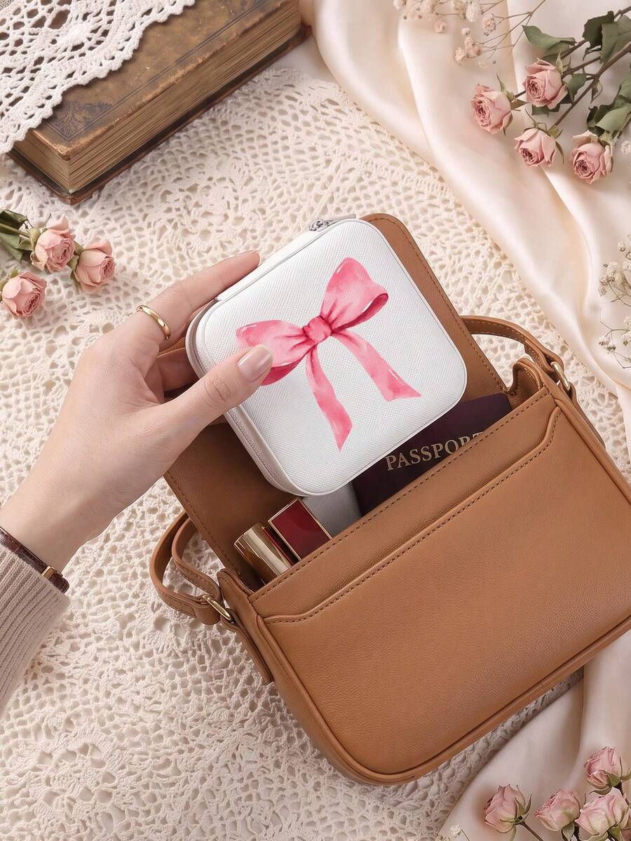 Bow Print Jewelry Organizer Display Travel Jewelry Zipper Case Boxes Earrings Necklace Ring Portable Jewelry Box Leather Storage - White - View 1