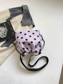 1 pieza Bolso cubo de nailon de unicolor con cordón y patrón de lunares, bolso bandolera para mujer - Púrpura malva - Ver 6
