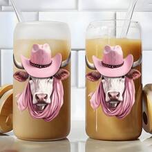 16oz Pink Cowboy Hat Bandana Cow Print Glass Cup, Western Style Iced Coffee Straw Cup For Enthusiasts - Multicolor - View 4