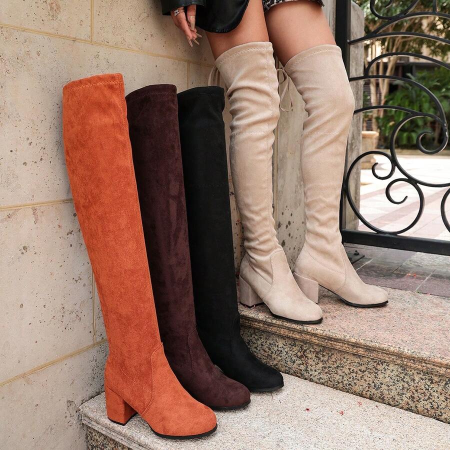 Women's Chunky High Heel, Autumn/Winter Women's Shoes, Thigh High Boots, Round Toe Back Heel Drawstring Lace-Up Slimming High Shaft Boots, Boots, Boot