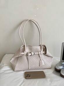Grass Green Woven Texture Women's Tote Bag, High-End Large Capacity Shoulder Underarm Commuter Versatile Bag - White - View 9