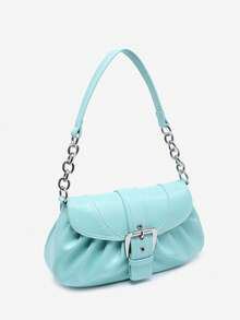 1pc Vintage Button Decor Blue Pleated Cloud Flap Shoulder Chain Underarm Tassel Bag Suitable For Dating, Outing, Party - Mint Blue - View 2