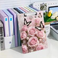 1pc Acrylic A4 Loose-Leaf Binder - Butterfly And Pink Rose, With Clip Writing Board, Clipboards, Multi-Functional Document Storage, Suitable For Office, School, Meeting And Other Scenarios - Multicolor - View 1