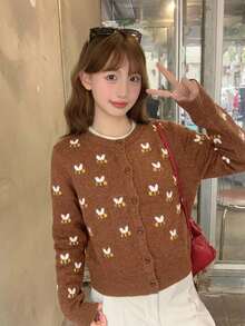 Korean Style Autumn/Winter New Vintage Cute Brown Knitted Cardigan Women Round Neck Little Bee Jacquard Short Single-Breasted Loose Soft Sweater Jacket - Brown - View 2