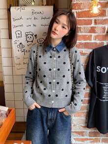 Polka Dot 2 In 1 Denim Patchwork Polo Collar Knit Sweater Cardigan - Grey - View 5