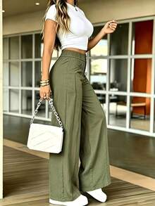 Women's Solid Color Casual Versatile Daily Wear Long Pants - Army Green - View 2