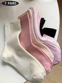 5/7 Pairs Random Solid Color Mid-Calf Socks, College Style Casual Soft Comfortable Women's Mid-Calf Socks, Suitable For Daily Wear, Versatile - Multicolor - View 6