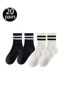 24 Pairs/20 Pairs/18 Pairs/15 Pairs/10 Pairs/6 Pairs/4 Pairs/2 Pairs/1 Pair Black And White Striped Thick Mid-Calf Socks, Comfortable And Breathable Business Casual Socks. Shark Series Soft, Lightweight, Odor-Resistant Unisex Sports Socks, Warm For Autumn And Winter - Multicolor - View 28
