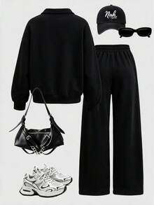 Teen Girls Casual Versatile Letter Print Half-Zip Sweatshirt & Wide Leg Pants 2-Piece Set, Autumn/Winter Outfit, Campus Style, Homecoming Look - Black - View 2