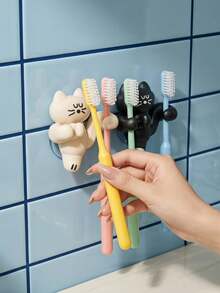 A Cute Cat-Shaped Bathroom Toothbrush Holder, Wall-Mounted Storage Rack, Data Cable Organizer, Multi-Functional Storage Shelf, No-Drill Adhesive Mounting, Suitable For Bathroom Walls, Bedroom Storage, University Dormitories, And As A Christmas Gift. - Multicolor - View 4