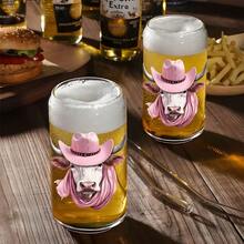 16oz Pink Cowboy Hat Bandana Cow Print Glass Cup, Western Style Iced Coffee Straw Cup For Enthusiasts - Multicolor - View 7