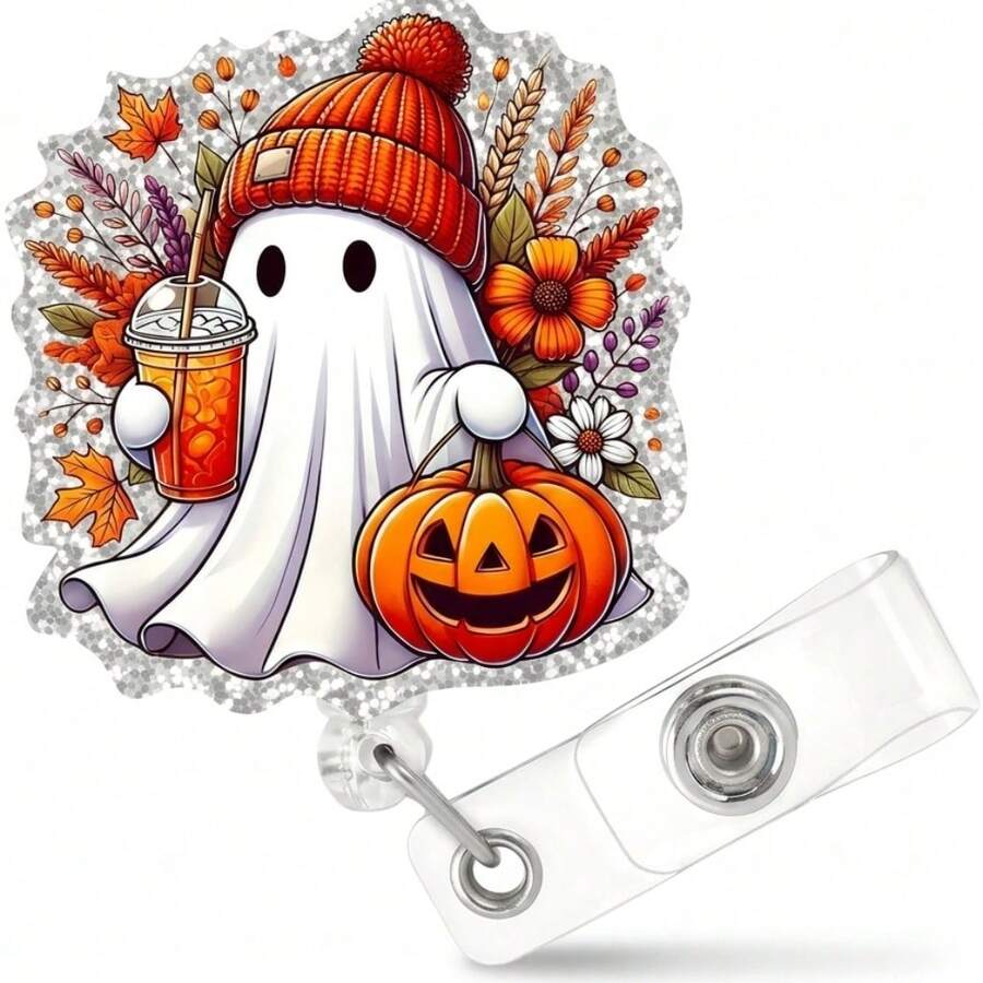 3/2/1pc Halloween Cute Retractable Badge Reel, White Ghost With Pumpkin & Floral Pattern, Rotating Clip, Glitter Ghost Name Tag Holder Accessory, Nurse Student Gift - Multiple Styles - View 1