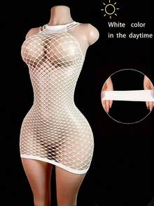 1 buah Jumpsuit Seksi Bercahaya dalam Gelap, Gaun Bodycon Jala Bercahaya Seksi dan Keren, Set Patchwork Transparan Berongga Tanpa Tali - Hijau bercahaya putih tembus cahaya - View 5