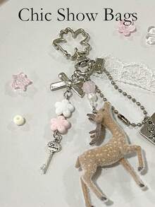 Deer-Shaped Keychain Pendant, Lace Pearl Bow Bag Charm, Korean Sweet Clover Backpack Hanging Chain, Y2K Girl Style Gift - Khaki - View 2