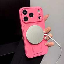 1pc Magnetic Phone Case With Large Window Stand Compatible With Iphone 16/15/14/13/12/11, Shockproof Protective Cover - Hot Pink - View 4