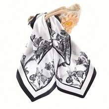 1pc Premium White Floral Print Long Ribbon Scarf, Vintage Artistic Style Square Scarf For Suit Matching And Tie Decoration - Multicolor - View 2