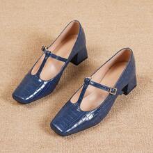 French Style Glossy Crocodile Embossed T-Strap Square Toe Chunky Heel Pumps With Adjustable Buckle, Suitable For Various Daily Outfit Styles, Women's High Heels - Navy Blue - View 6