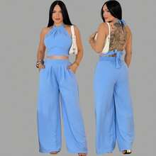 Women's Duna Cropped Top And Wide-Leg Pants Set, Summer Style - 淺藍色 - 查看 1