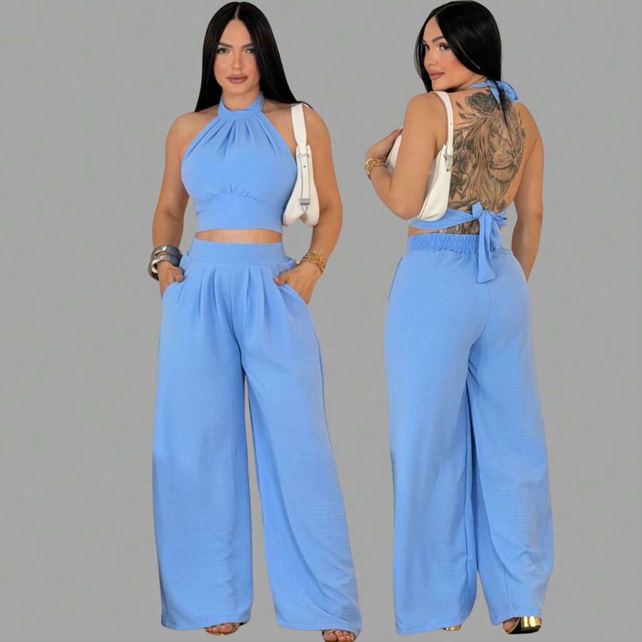 Women's Duna Cropped Top And Wide-Leg Pants Set, Summer Style - 淺藍色 - 查看 1