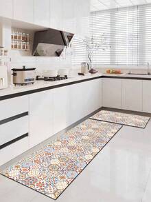 1 Pc Pink Geometric Floral Tiles Pattern Kitchen Mat, 3.5 Mm Soft Rubber That Absorbs Water And Is Easy To Clean. Suitable For Corridors, Bathrooms, Living Rooms, Outdoor Door Mats, And Toilets. Useable Throughout The Year And For Various Holidays. - Multicolor - View 7