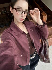 Women's Autumn Jacket, Vintage Suede Material, Vacation & Commute, Loose Collegiate Style, Casual Short Motorcycle Jacket - Burgundy - View 2
