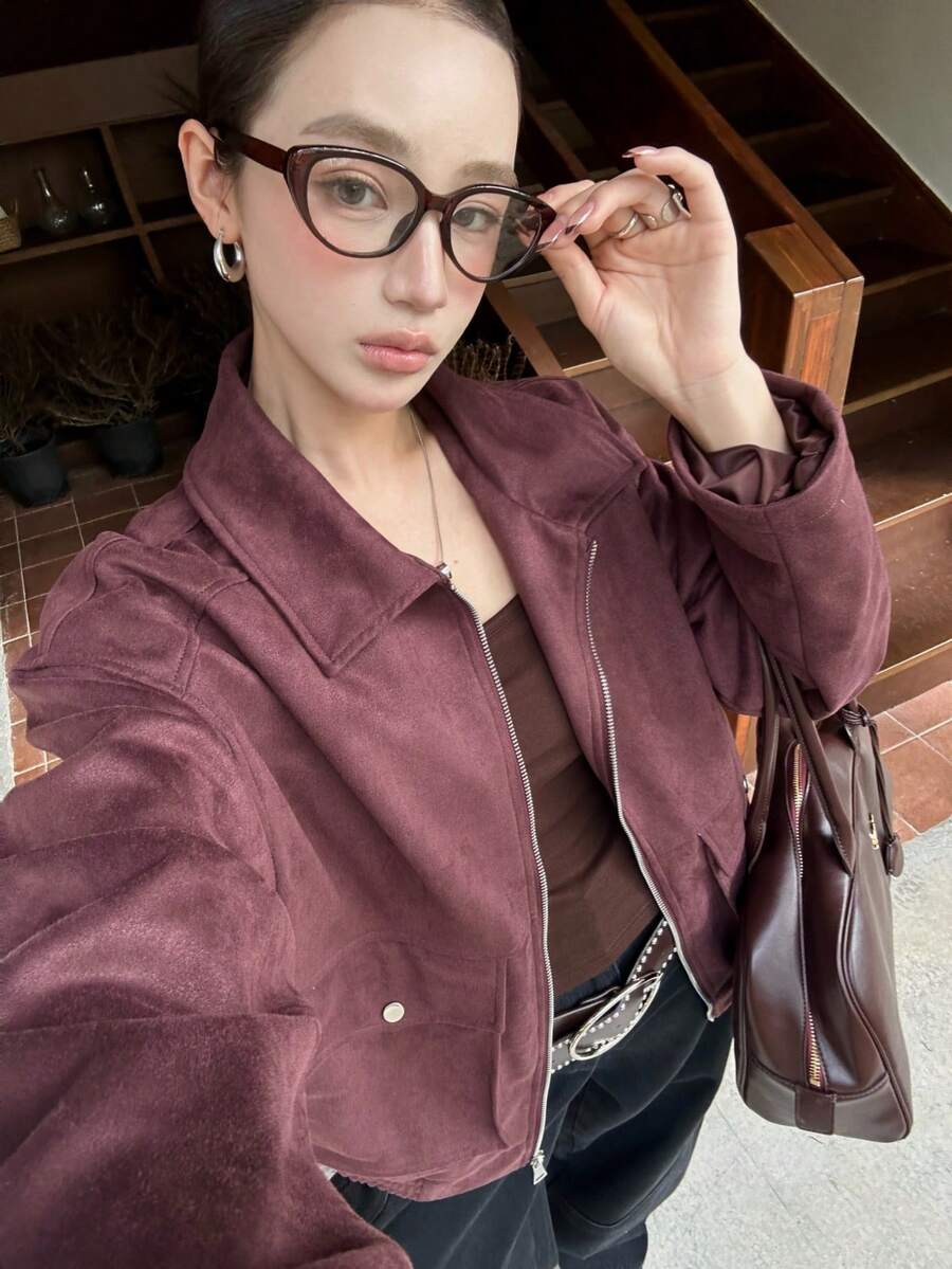 Women's Autumn Jacket, Vintage Suede Material, Vacation & Commute, Loose Collegiate Style, Casual Short Motorcycle Jacket