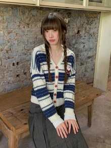 Striped Mink Fur Knit Cardigan Sweater Women Loose Slouchy Fuzzy Outerwear - Navy Blue - View 6