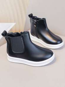 Children's Black Side Zipper Elastic Cuff Anti-Slip Thick Sole Casual Versatile Boots - Black - View 5