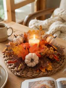 1pc Fall Candle Ring Wreath, Autumn Pumpkin Maple Leaf Table Centerpiece, Farmhouse Rustic Candle Holder Garland, Thanksgiving Dining Table Coffee Table Kitchen Cabinet Decoration, Seasonal Home Decor Gift - Multiple Styles - View 4