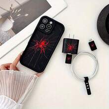 Set 5pcs Casing Ponsel Bambu Hitam Merah Motif Laba-laba + Penutup Kepala Charger + Pelindung Kabel + Tali Penyimpanan TPU Anti-Jatuh, Casing Ponsel Apple, Kompatibel dengan Apple 17 16e 16 15 14 13 12 11 Mini Pro Max Air X XR XSMAX 8 7 Plus, Casing Belakang Matte Anti-Jatuh, Casing Pelindung Smartphone, Casing untuk Penggunaan Sehari-hari, Aksesori Ponsel Modis, Desain Kreatif, Desain Cetak UV, Casing Pelindung Modis, Pecinta Mode, Pecinta Musik, Sempurna sebagai Hadiah Ulang Tahun - MultiWarna - View 2