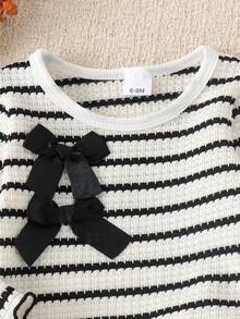 2pcs Baby Girl Casual Sporty 3D Bow Striped Long Sleeve Top And Pants Set, Spring/Autumn Thin - Black and White - View 3