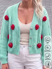Cute Preppy Cable Knit Cardigan, Strawberry Patchwork V-Neck Shiny Buttons Loose Fit, Suitable For Thanksgiving Campus Outfit - Blue - View 2