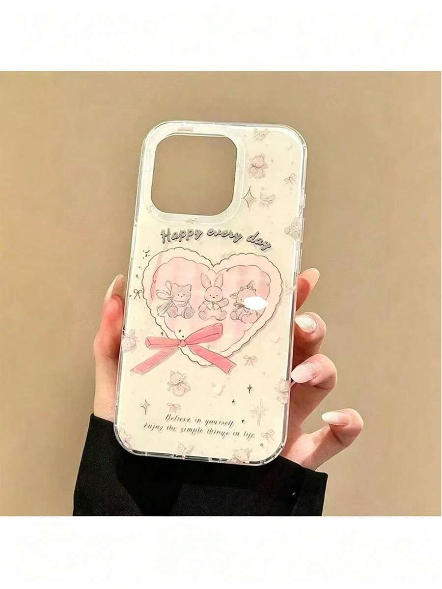 1pc New Korean Ins Style White Shell Pink Rabbit Heart Bow Letter Star Design Phone Case, Minimalist Premium Compatible With Apple 17pm, Fashionable Compatible With Apple 16, Niche Unique Compatible With Apple 15p, Business Compatible With Apple 14plus, Personalized Compatible With Apple 13, Cartoon Compatible With Apple 12pm, Anti-Drop Protective Cover Compatible With Apple 11 - Pink - View 1