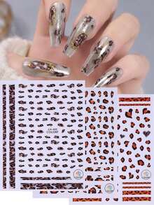 3pcs Leopard Print Nail Stickers, Heart Stripe Pattern Self‑Adhesive Nail Art Decals For DIY Autumn Winter Manicure Decor - Multicolor - View 3