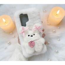 Casing Ponsel Anak Anjing Motif Pita 3D Mewah Musim Gugur/Dingin untuk S22/S23/S24/S25/S26 Ultra/Plus, Liontin Hati Gaya Feminin Lucu, Perlindungan Penuh Tahan Guncangan - Putih - View 3