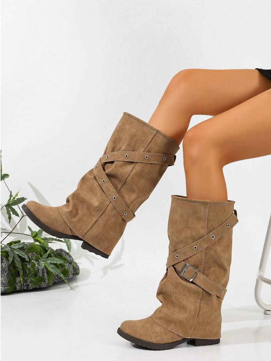Camel Strap Buckle Detachable Leg Boots Slip-On Chunky Low Heel Round Toe Elegant Versatile Comfortable Vacation Commute Daily Fashion Mid-Calf Boots Women's - Camel - View 1