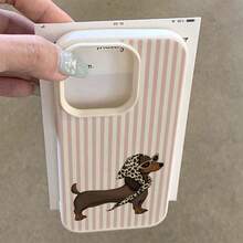 1pc TPU Material Pink Striped Fashionable Dachshund Pattern Phone Case Compatible With IPhone 17 Pro Max/17/16 Pro Max/15/13/12/11/ S20 FE/A15/S24/A55/ Note 11/Note 12/Note 13 Pro Full Coverage Anti-Drop Soft Shell Phone Protective Cover - White - View 3