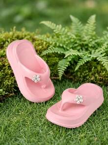 HAHABOBO New Summer Girls' Cute 3D Pearl Flower Decorated Platform Flip-Flops, EVA Thong Sandals, Perfect For Beach Trips And Vacations - Pink - View 4