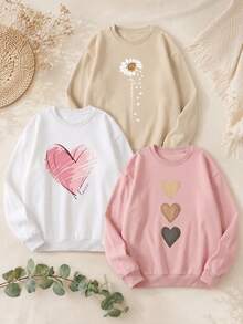 3pcs/Set Kaos Lengan Panjang Kasual Wanita Model Kerah Bulat - Motif Cetak, Kain Nyaman & Lembut, Dapat Dicuci dengan Mesin, Atasan Musim Gugur/Musim Dingin - MultiWarna - View 3