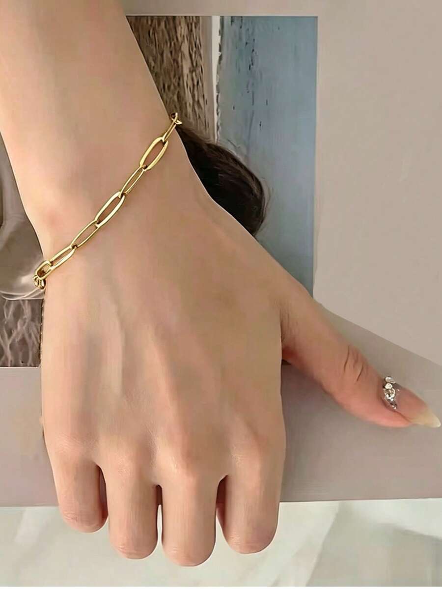 1pc Ins Thick Chain Gold Bracelet For Women, Minimalist Geometric Rectangular Cuban Link, Niche Luxury Versatile Adjustable Hand Jewelry - Gold - View 1