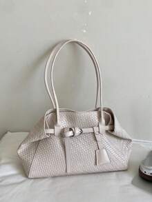 Grass Green Woven Texture Women's Tote Bag, High-End Large Capacity Shoulder Underarm Commuter Versatile Bag - White - View 7