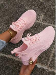 2026 Women Casual SportsShoes, Solid Lace-Up Slip-Ons,Wear-Resistant EVA Insole.Light Tennis Sneakers ForWorkout, Hiking, Autumn Winter Wear. - 粉色 - 查看 1