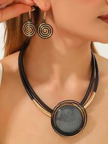 1 Set European & African Bohemian Exaggerated Handmade Heavy-Duty Aluminum Wire Woven Geometric Resin Necklace & Earrings - Black - View 7