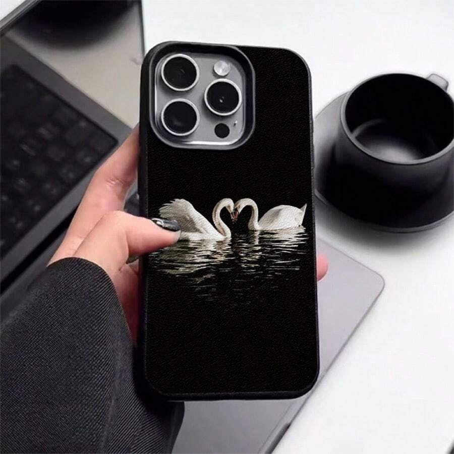 1件個性化天鵝波點美學圖案黑色液態直邊手機殼,適用於 iPhone 16/16 Pro/16 Plus - 彩色 - 查看 1