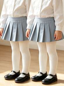 2pcs Classic Versatile Solid Color Striped Snug Fit Tights For Baby Girls, Suitable For Daily Wear - White - View 12
