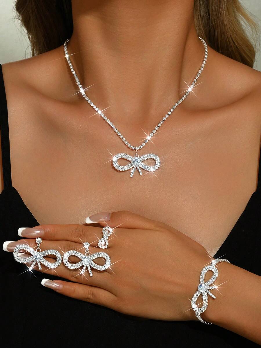Silver Rhinestone Bow 4-Piece Jewelry Set, Sparkling Crystal Necklace Pendant Earrings Bracelet Ring, Bridal Evening Party Wedding Costume Jewelry Set - Silver - View 1