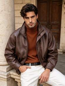 Men's Autumn/Winter Long Sleeve Fashion Leather Jacket, Suitable For Daily Commute, Vacation, Gift Giving - Coffee Brown - View 2